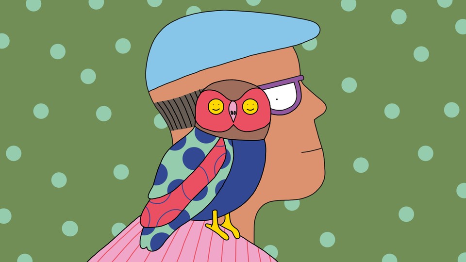 An illustration of an older person looking at an owl sitting on their shoulder