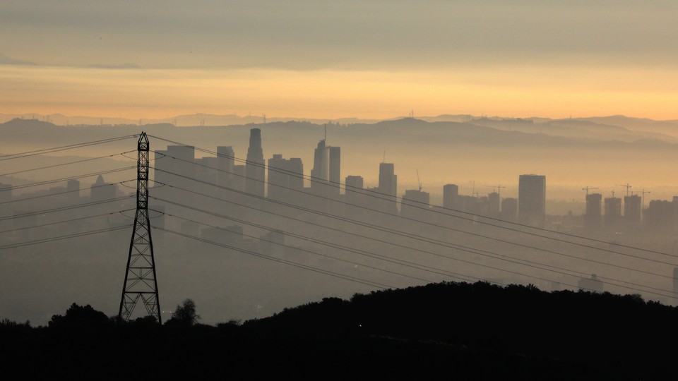 Part of the Los Angeles skyline at sunrise