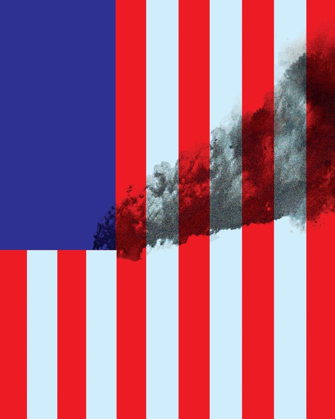 Illustration with blue rectangle at top left and red/white vertical stripes, in which 2 white bars and a cloud of smoke form the shape of the World Trade Center