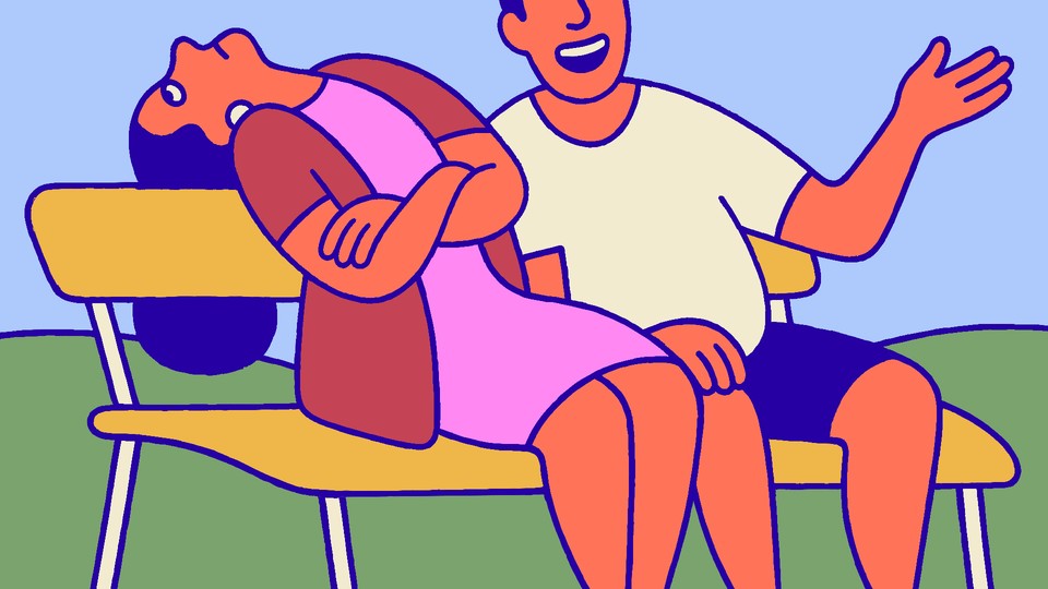 Bored wife on a bench next to her talking husband