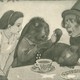 Illustration of a young girl, a hare, and a man in a top hat staring at a pocket watch as they sit at a table set for tea