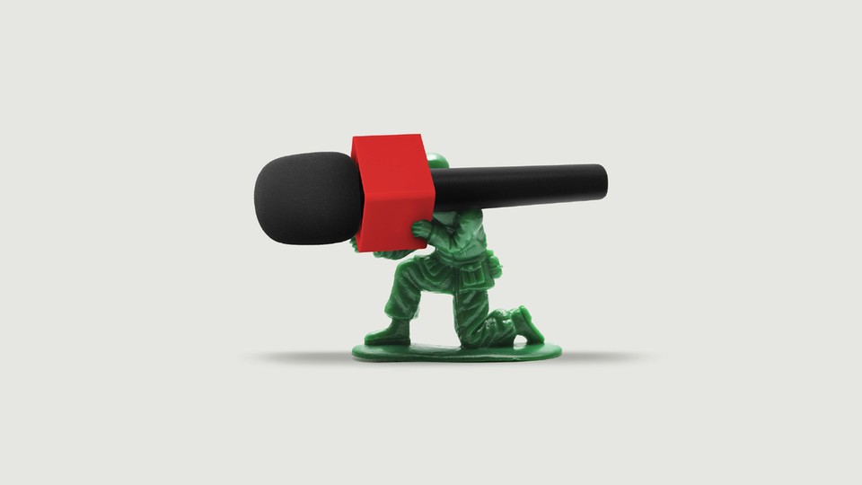 A toy soldier holds a microphone like a machine gun
