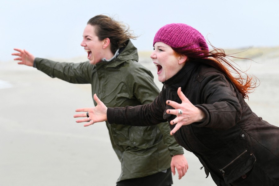 Two people scream toward the sea while standing on a beach.