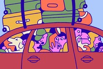 A car piled with luggage and crowded with family