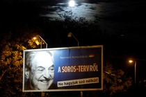 A billboard in Budapest, Hungary, with an image of the philanthropist George Soros on it.