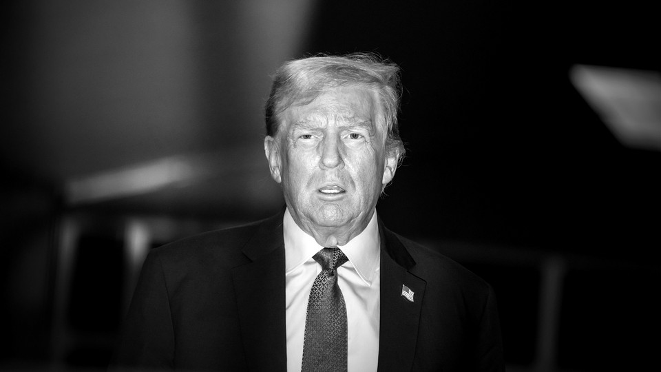A black-and-white photograph of Donald Trump wearing a suit and tie, looking toward but past the camera.