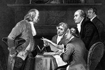 A black and white sketch of Benjamin Franklin, Thomas Jefferson, John Adams, Philip Livingston, and Roger Sherman drafting the Declaration of Independence.