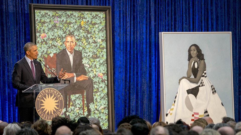 President Barack Obama speaks at the unveiling ceremony for the Obamas' official portraits