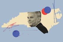 An illustration showing Josh Stein in front of North Carolina
