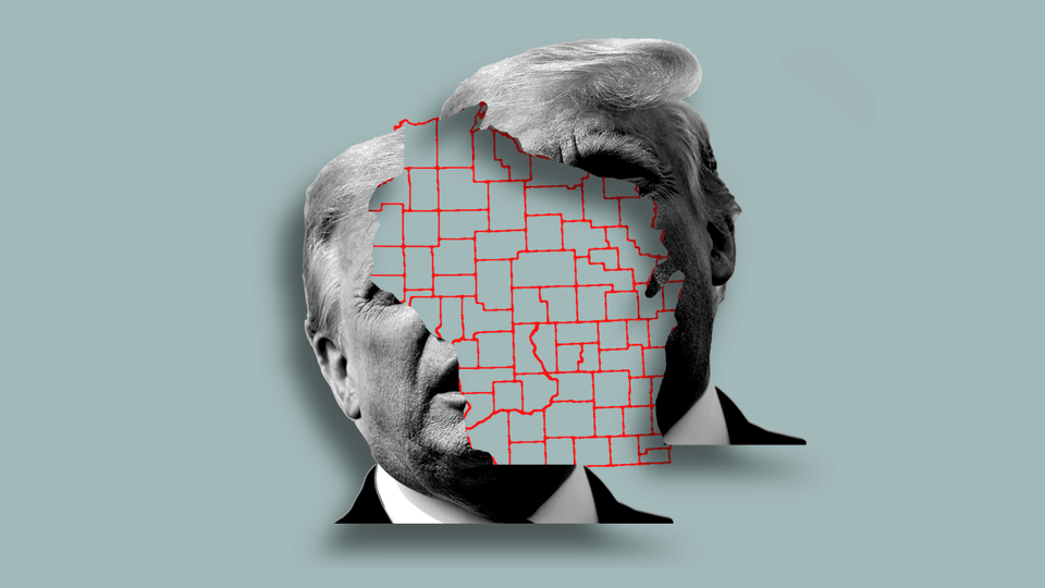 An illustration of Trump's face and a map of Wisconsin.