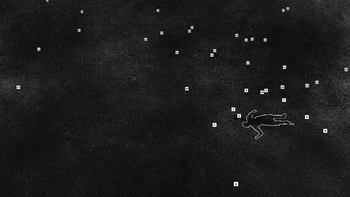 Illustration showing the chalk outline of a body and dozens of numbered evidence markers over a black background