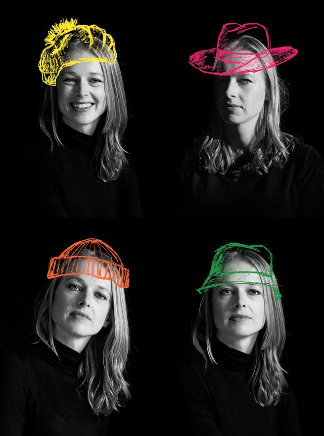 4 different black and white portraits of author with different colorful scribbled hats
