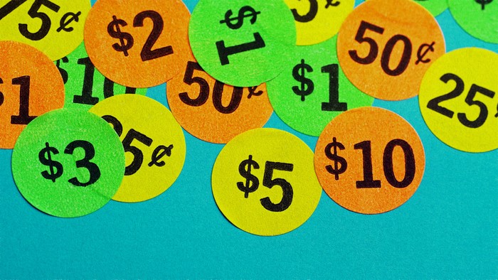 many neon colored price stickers