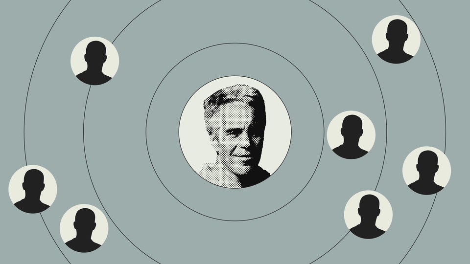 A pop-art bust of Jeffrey Epstein with silhouette busts in orbit around him