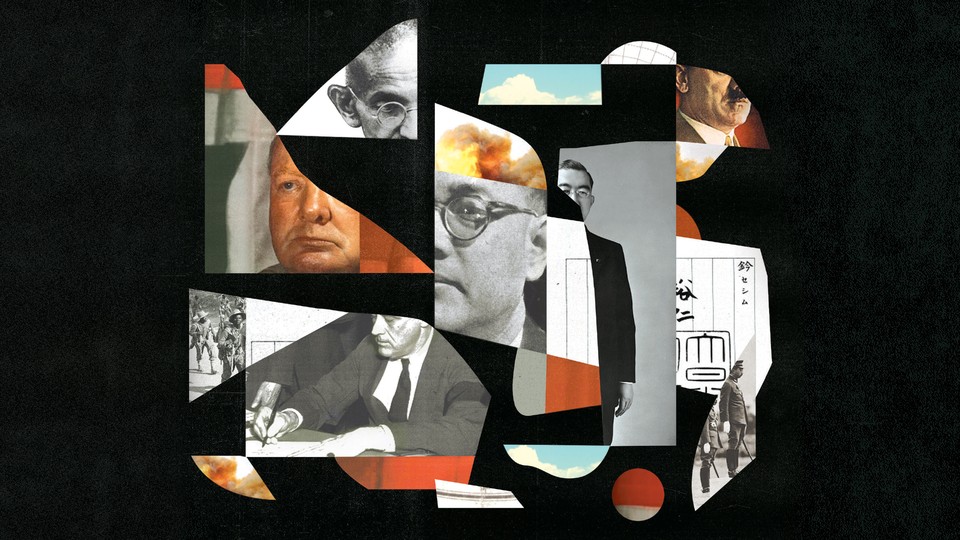 Collage illustration with Gandhi, Churchill, Hitler, FDR, soldiers on black background