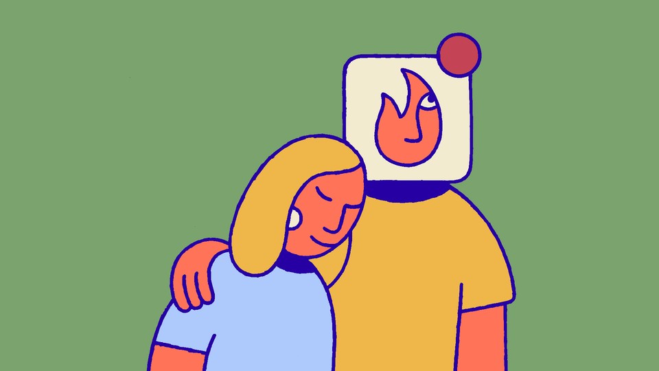 A woman and a man, the man's head replaced by the Tinder logo