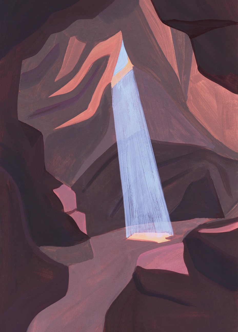 illustration of rocky cave interior, with a hole in ceiling allowing a vertical beam of light to pour through