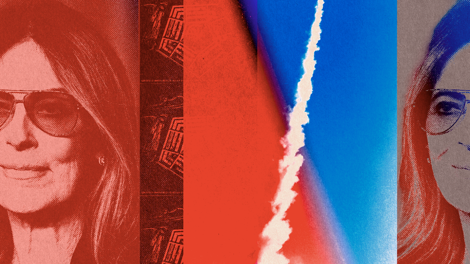 Collage of a red-tinted photograph of Kathryn Bigelow, the Pentagon building seen from above, and a vertical stream of smoke.