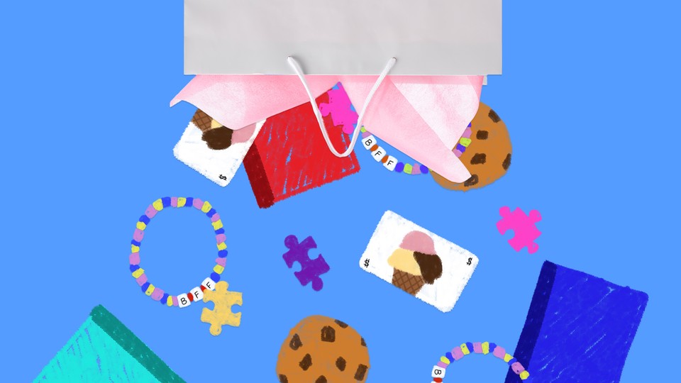 Image of a goody bag with objects falling out.