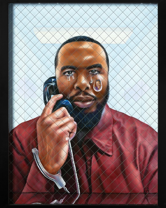 painting of handcuffed man behind prison glass wearing maroon collared shirt holding black phone receiver with silver cord to his ear, with large tears on his face including one with a portrait of a smiling woman inside