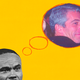 An illustration of the head of Dan Bongino with a thought bubble, around Jeffrey Epstein, on a yellow background