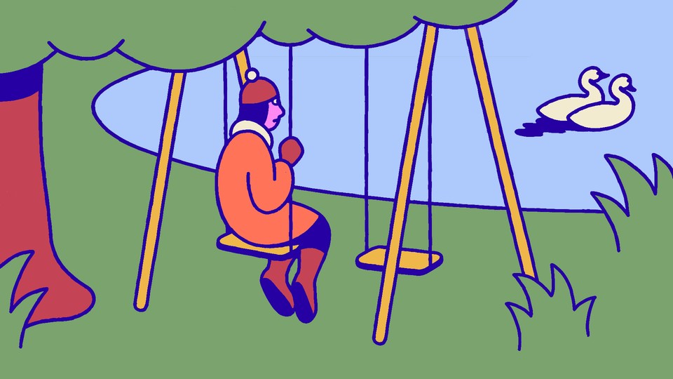 A person sitting alone on a swing set, watching two ducks in a pond floating away