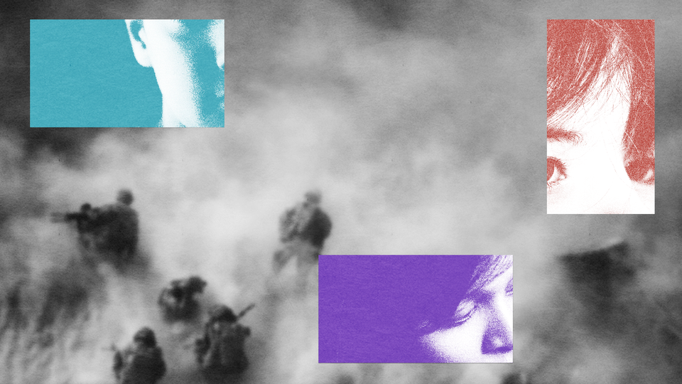 Children's faces juxtaposed with a battle scene