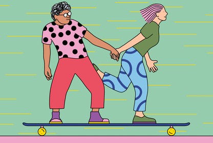 Illustration of a couple riding the same skateboard and holding hands. The skateboard's wheels are smiley faces.