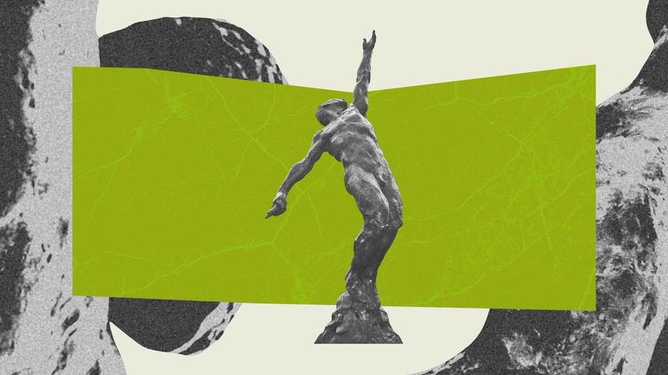A photo-illustration of a statue of Arthur Ashe set against a green background