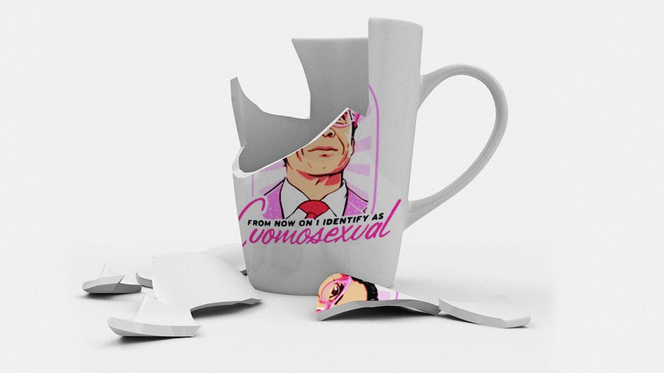 A broken mug featuring Cuomo's face and the slogan "From now on I identify as Cuomosexual"