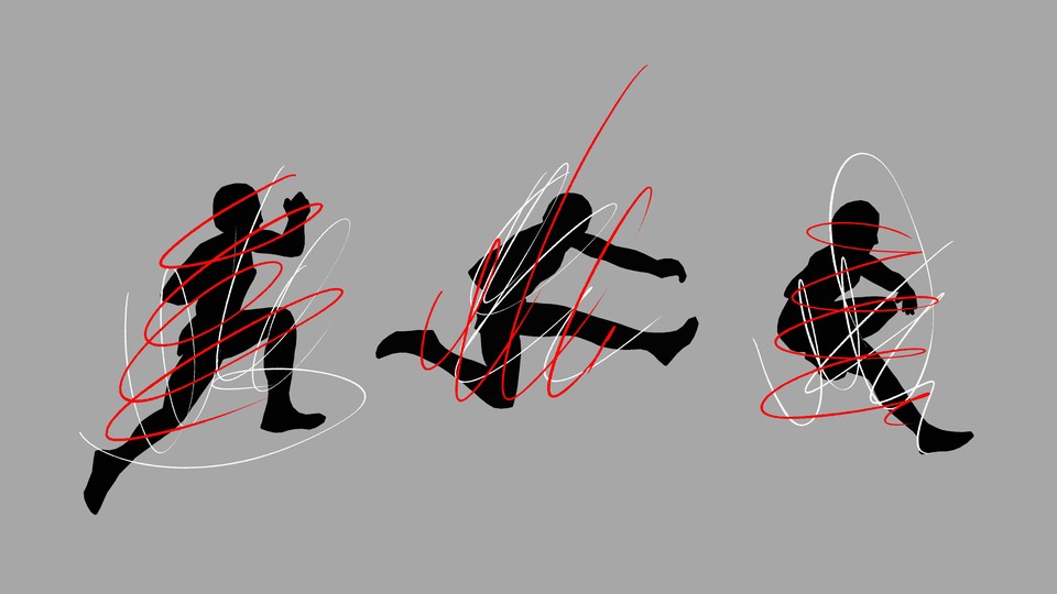 Three sequential silhouettes of a runner jumping, distorted by scribbles