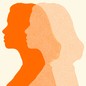 The orange silhouettes of two women overlap