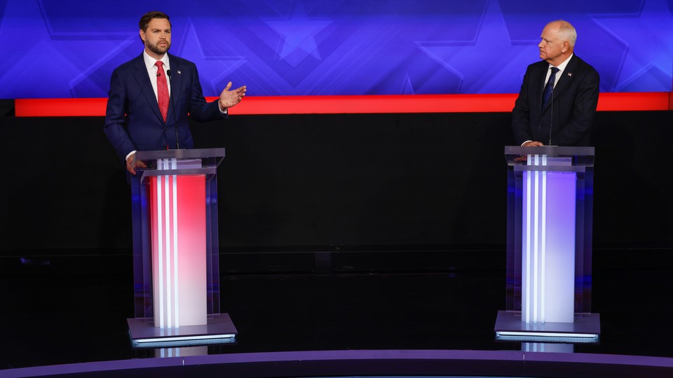 J. D. Vance and Tim Walz on the debate stage during the 2024 Vice Presidential Debate