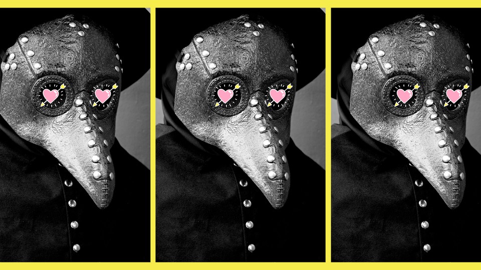 A person dressed in a 17th-century plague-doctor costume, with cartoon hearts over the eyes.
