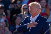 Donald Trump holds his hand over his heart during a 2024 campaign rally in Waco, Texas, on March 25, 2023.