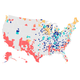 A map of the United States showing the counties colored according to whether they are majority-minority counties, counties that are in the top decile for manufacturing jobs that voted for Trump in 2016, majority white communities in regions the census designates as suburban, and counties that voted for Obama in 2012 and Trump in 2016.