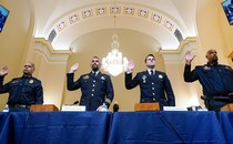 U.S. Capitol Police Sgt. Aquilino Gonell, Washington Metropolitan Police Department officer Michael Fanone, Washington Metropolitan Police Department officer Daniel Hodges and U.S. Capitol Police Sgt. Harry Dunn are sworn in to testify before the House Select Committee investigating the January 6 attack on the U.S. Capitol.