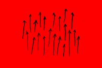 black arrows point up across a red background
