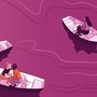 An illustration of several couples in boats together and a single woman in a boat by herself