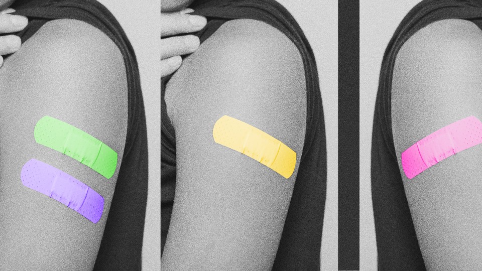 Photos of a person's rolled-up sleeve, with either one or two band-aids on the shoulder