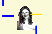 A portrait of Lauren Oyler with colored blocks