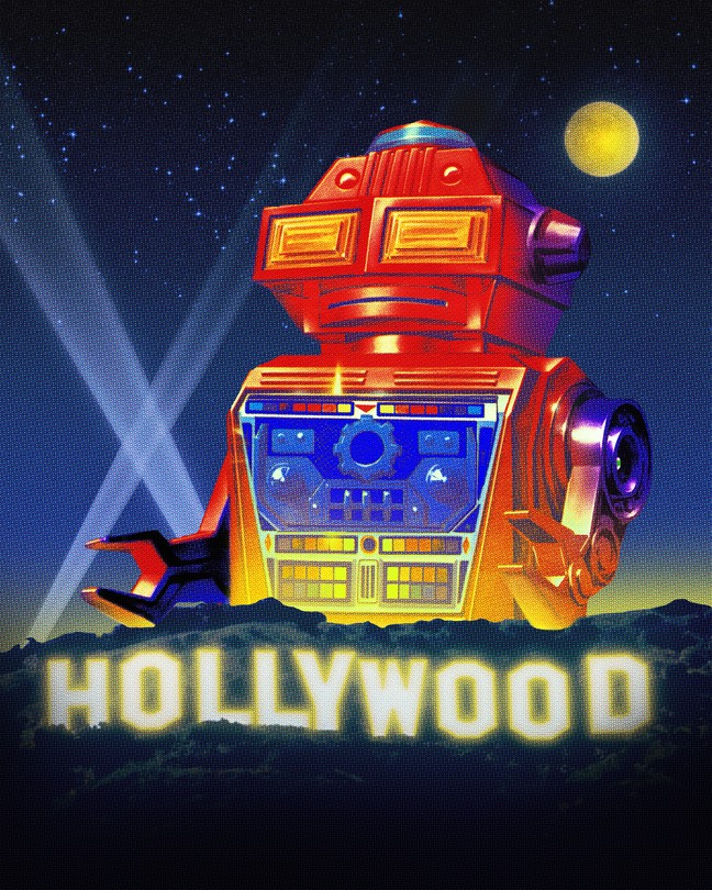 Illustration of a robot standing behind the illuminated Hollywood Sign at night