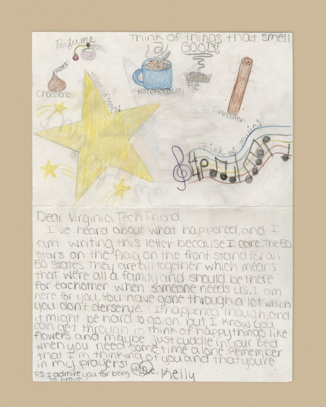 a hand written letter with bright happy items at the top: star, music , chocolate