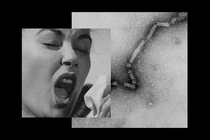 A black-and-white image of a person sneezing, overlaid on a black and white image of a segmented virus