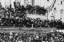 President Lincoln delivering his inaugural address on the east portico of the U.S. Capitol, March 4, 1865.