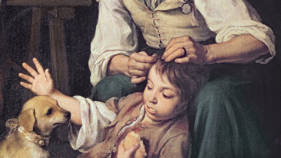 a kid gets his head checked for lice in the 1670s