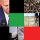 Black, green, and red bars and photo and video stills: Biden, head bowed, at microphone; man with beard holding white flag with Arabic writing; crowd of people at airport wall; a young girl being lifted over wall next to razor wire; men in uniform carrying flag-draped coffin; line of backlit figures next to tail of airplane