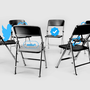 Twitter icons and buttons on folding chairs in a circle.