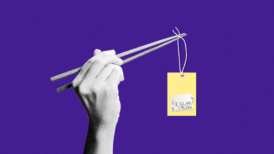 An illustration of chopsticks holding a price tag