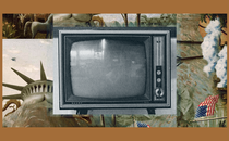 A '90s TV set in the center of a frame featuring The Experiment’s show art